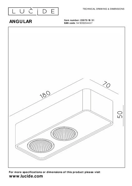 Lucide Premium ANGULAR - Spot plafond - LED Dim. - 2x5W 2700K - Blanc - technique